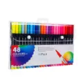 Set of 48 dual-tip watercolor markers with brush and fine tips for artistic drawing - Black Pen Barrel / 48 Colors