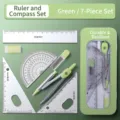 Professionelles grünes 7-teiliges Geometrie-Set für Schüler mit Zirkel und Linealen - Fenster-Stil / 7-teiliges Set / Grün