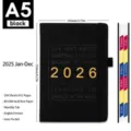 Agenda giornaliera 2026 A5 nera con 412 pagine di carta senza acido e schede mensili - Nero