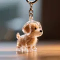 Schattige puppy in helder ruimtepak sleutelhanger met zacht bruin nepbontje - Golden Retriever Stijl