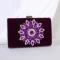 Elegant purple velvet clutch bag with sparkling rhinestone sunflower decoration for evening - Purple