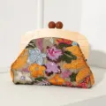 Exquisite handmade floral embroidery straw clutch with solid wooden frame and sequins - 24*4*19cm / Orange