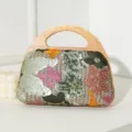 Elegante bolso de noche para mujer con asa de madera y bordado floral de lentejuelas - Verde