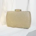 Elegant gold box clutch bag with shimmering rhinestone mesh for evening events - Gold