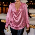Elegant pink satin blouse featuring a deep V-neck and long lantern sleeves for women - 3XL / Tops / Rose Pink Long Sleeve