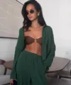 Elegante completo casual da donna verde scuro in tre pezzi con camicia e pantaloni - Verde Scuro