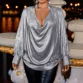 Elegant silver metallic satin deep V-neck long sleeve blouse for women party wear - 3XL / Tops / Silver Long Sleeve