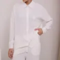 Set casual bianco due pezzi da donna con camicia a maniche lunghe e pantaloni larghi - Bianco