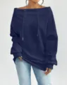 Navy blue off-the-shoulder drawstring sweatshirt, loose casual fit for women's style. - 3XL / Tops / Navy Blue
