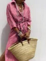 Bohemian pink and white geometric print shirt dress with collar and waist tie for women - Rose Red