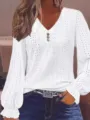 White women's V-neck hollow out long sleeve top with ruffle cuffs and eyelet details - 0XL / Tops / White