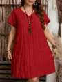 Casual red V-neck loose short sleeve maxi dress featuring crinkle pleated fabric - Red