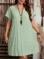 Boho light green v-neck short sleeve dress with crinkle textured fabric for summer - Light Green