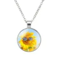 Close-up of circular pendant featuring a sunflower wearing sunglasses with silver chain - Sunflower Style #01 / 25mm
