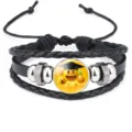 Macro detail of multi-layer leather bracelet with graduation Emoji glass cabochon - 18mm / Black