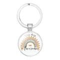 Detailed view of silver round keychain featuring a bohemian rainbow and You Are Awesome text - 25mm White K / #01