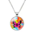 Close-up of 25mm round butterfly pendant with colorful background on stainless chain - Pink Butterfly
