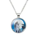 Detailed view of round glass cabochon wolf pendant with moonlit forest design - 25mm Stainless Steel Chain / #03