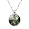 Detailed view of the wolf howling at the moon glass cabochon pendant necklace - 25mm Stainless Steel Chain / #04