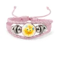 Detailed close-up of pink multi-layer leather bracelet featuring a smiling cartoon sun charm - 18mm / Pink