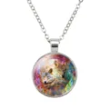 Close-up of a circular pendant featuring two wolves and a colorful dreamcatcher design. - 25mm Stainless Steel Chain / #06
