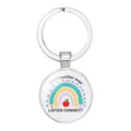 Detail view of silver teacher keychain featuring rainbow and Best Teacher Ever print design - Style 4 (#04) / 25mm Silver
