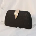 Elegant black glitter evening clutch bag with gold leaf metal clasp for formal banquet events - Black