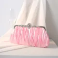 Elegante rosa plissierte Abendhandtasche mit Strassverschluss für Braut und Bankett - Rosa