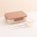 Portable plastic lunch box set including main container, sauce box, fork, and spoon. - Basic Style / Brown