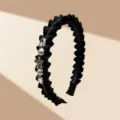 Elegant black pleated fabric headband featuring sparkling crystal and pearl embellishments for hair - Flower Crystal Style / Black