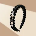 Elegant black ruffled headband with pearls and crystals in high-end luxury style - Bow Crystal Style / Black