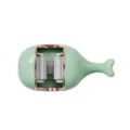 Close-up of whale-shaped wall-mounted mop holder with non-slip rollers - Bean Green