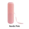 Portable striped travel wash cup and toothbrush storage container box in Nordic Pink - Nordic Pink