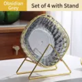 Elegante juego de 4 platos para aperitivos gris obsidiana con soporte de metal dorado - 4 Piezas/Paquete Con Soporte / Gris Volcánico