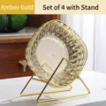 Juego de 4 lujosos platos de cristal ámbar con un elegante soporte decorativo de metal dorado - 4 Piezas/Paquete Con Soporte / Oro Ámbar