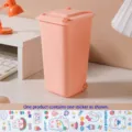 Cute pink miniature desk trash can pen holder with a sheet of decorative cartoon stickers - With Stickers / 10*6.5*16cm / Pink