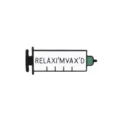 Detailed macro shot of a cartoon syringe enamel pin with RELAXI'MVAX'D text design - Cartoon Syringe (D-1320)