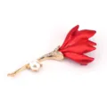 Elegant red rose brooch with pearl and rhinestone accents on a gold-tone stem jewelry - Red Floral Style (D-1807)