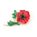 Elegant red poppy flower brooch with green leaves and a sparkling black crystal center - Poppy Style (D-1808)