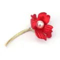 Elegant red flower brooch with white pearl and rhinestone accents on gold stem for women. - Pearl Floral Style (D-1811)