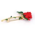 Elegant red rose brooch with gold-colored stem and green enamel leaves for women's suits - Red Rose Style (D-1813)