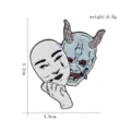 Detailed view of Hannya demon mask enamel pin showing size of 4.2cm by 3.6cm and weight - Hannya Double Mask Style (D-910)