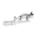 Elegant silver-tone flying broom cat brooch with sparkling crystal and black gem eyes - Silver