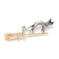 Creative flying cat on broomstick brooch pin with rhinestone accents for clothing bags - Gold
