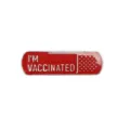 Macro view of a red rectangular enamel pin with white I'M VACCINATED text engraving - I'M VACCINATED Red Text Bar