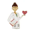Detailed close-up of a cartoon female doctor enamel pin holding a red heart badge. - Nurse Holding Heart Style (D-993)