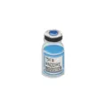 Detail view of blue enamel vaccine vial brooch featuring engraved booster text design - MA VACCINE BOOSTER Blue Bottle