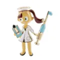 Detailed macro shot of a cute cartoon nurse brooch with a clipboard and syringe. - Nurse in White Coat with Blue Syringe Style (D-996)