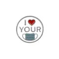 Detailed view of white enamel pin featuring I heart your mask design for nurses - I Heart YOUR Mask Round Pin