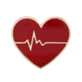Detailed view of red enamel heart brooch featuring a golden heartbeat line design - Heart Style with Gold ECG on Red Background (D-998)